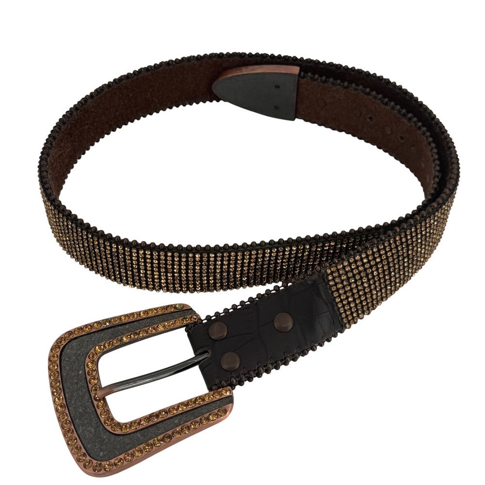 Western Rhinestone Studded Brown Leather Belt Amber Crystal Cowgirl Boho S/M